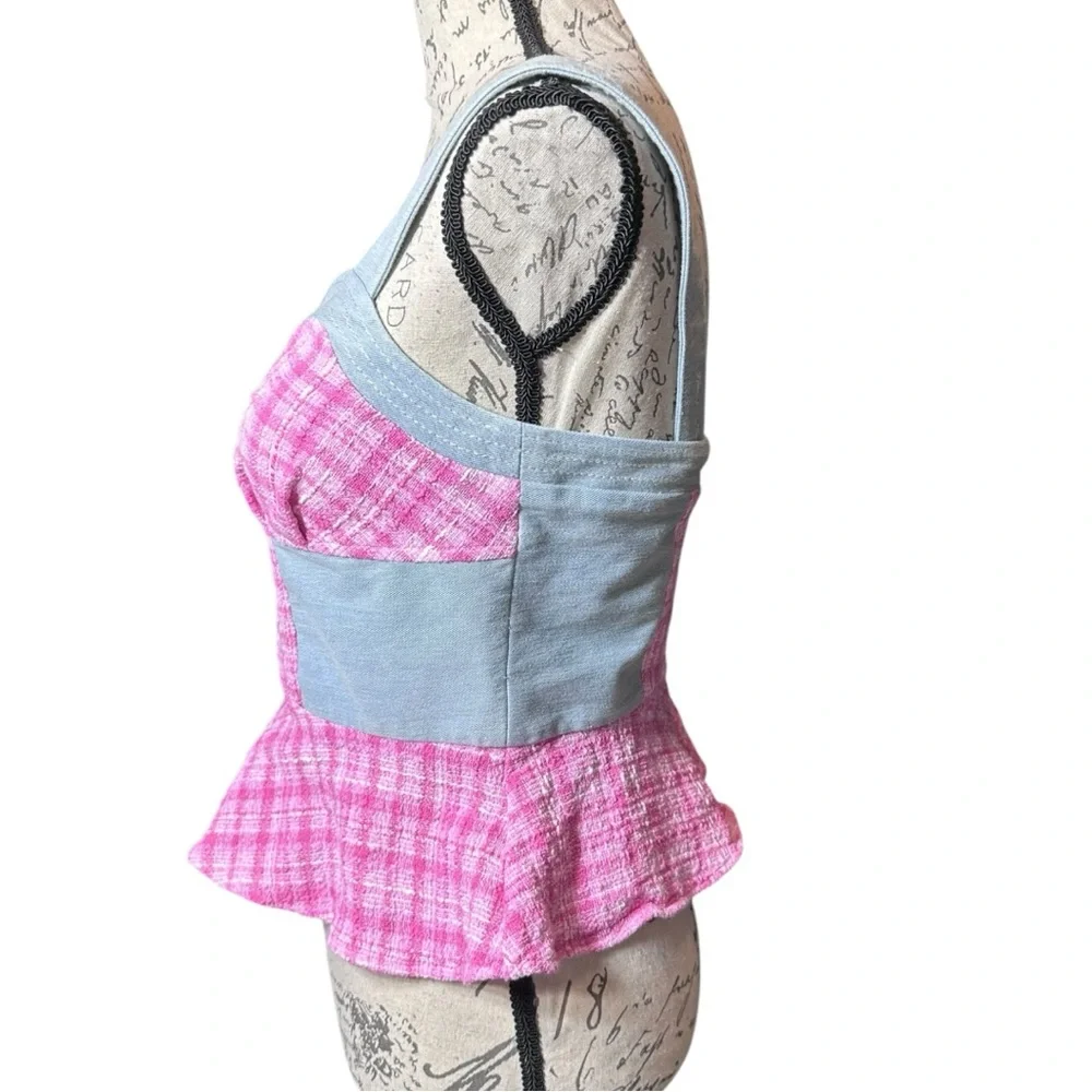 Christian Siriano Pink and Gray Plaid Peplum Bra Top / Crop Top Size Small - Picture 2 of 4